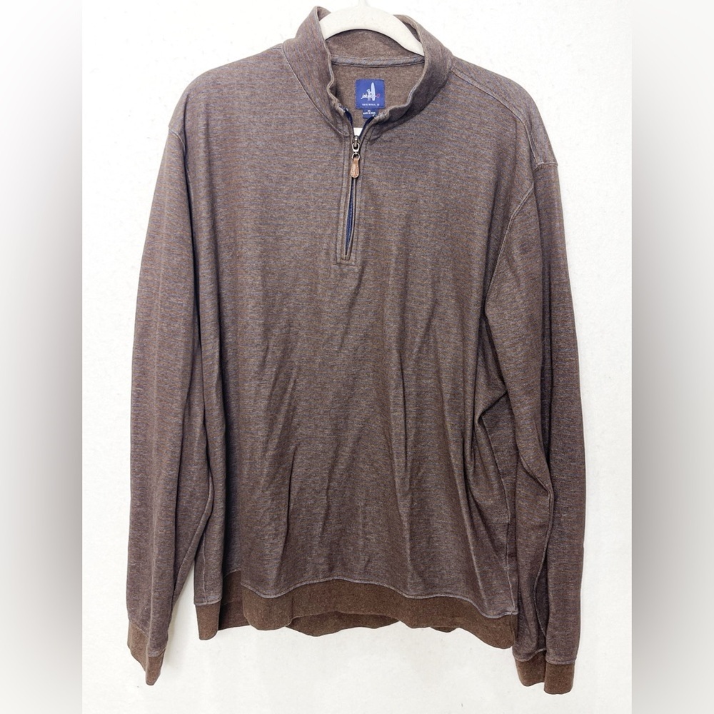 Johnnie-O Skiles Striped Quarter Zip Pullover Bison Size XL Brown Blue Stripes - Picture 3 of 11
